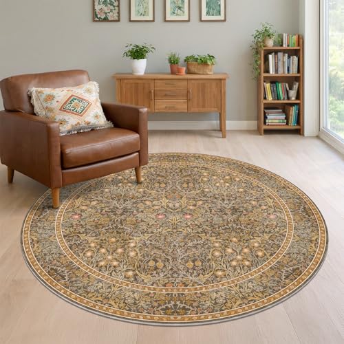 Brown Gold 6ft Round Washable Rug for Living Room, Dining Under Table, Bedroom, Lounge - Vintage Botanical Floral, Washable Low Pile Non-Slip Circle Carpet - color: Gold Brown, size: 6' (Round)