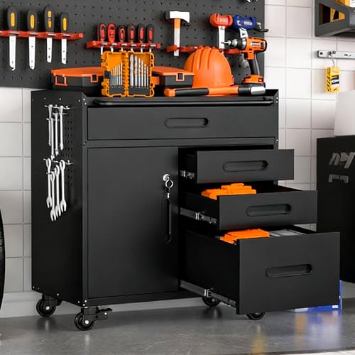 Garage Storage Cabinet,Metal Rolling Tool Cabinet with 2 Pegboard and 10 Hook,Heavy Duty Mechanics Tool Chest Storage for Workshop, Basement,Warehouse,Include Workbench Liner,Black - color: Black, size: 1 Door & 4 Drawers