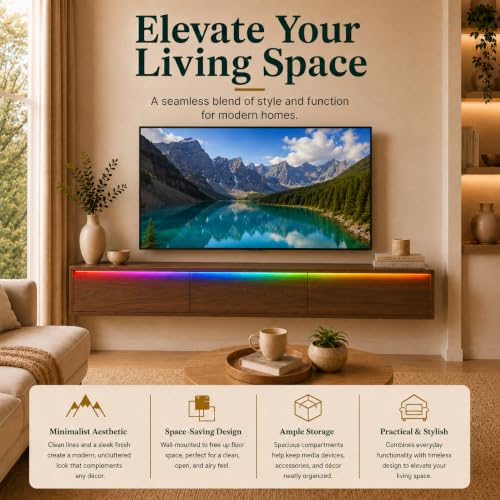 Brown Floating TV Stand Wall Mounted, 68.9'' TV Console Cabinet | floating tv console for 75-80 inch tv midcentury modern tv stand - color: Brown-e