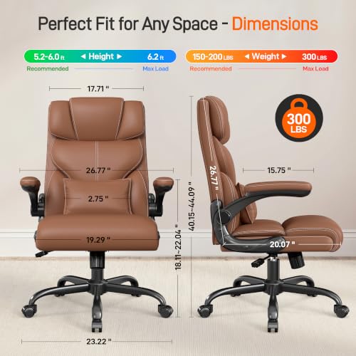 Office Chair, Executive Mid-Back Computer Desk Chair with Flip-up Armrests | 300 Lbs Ergonomic Leather Swivel PC Chair with Rock Function for Working Studying (Brown) - color: Brown