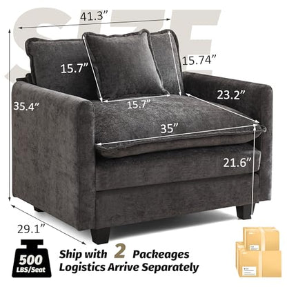 WUTUTUEE 41'' Modern Chenille Oversized Chair, Upholstered Accent Living Room Chair with Extra Thicked Deep Seat, Single Lounge Chair for Bedroom, Small Apartment, Dark Grey - color: Dark Grey, size: 41'' Single Seat