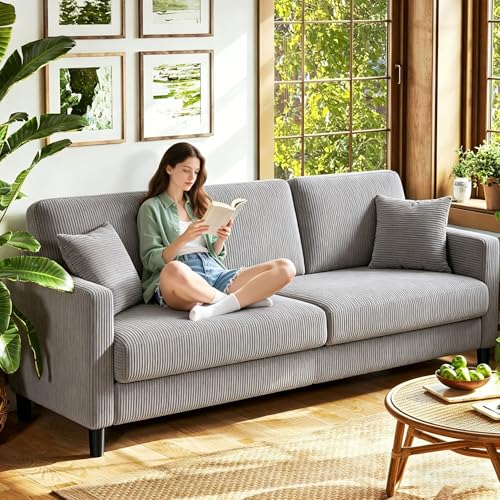 74 "Loveseat Couches,Small Love Seat Sofa with Pillows for Small Spaces,Comfy Corduroy Sofas w/ Wood Frame,Tool-Free Setup Compact Futon Couch for Apartment,Dorm,Office,Settee (Light Gray, 3-Seater) - color: Light Gray, size: 3-Seater