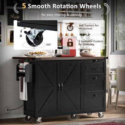 Kitchen Island, Rolling Kitchen Cart with Power Outlet | Built-in power outlet, 2 AC outlets and 2 USB ports, easy charging for coffee maker, juicer, toaster, or devices - color: Black + Particle Board+mdf