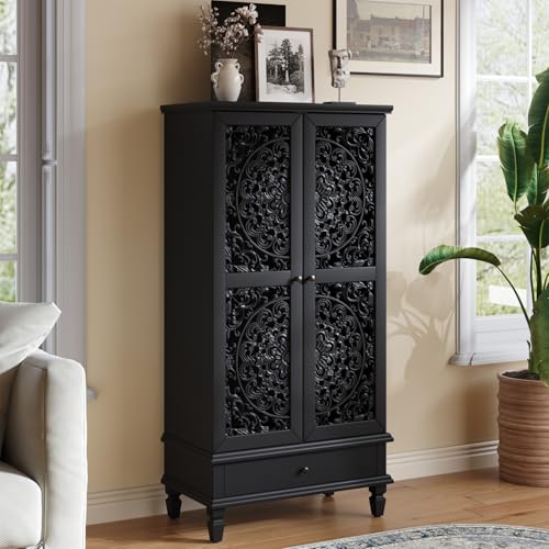 Accent Cabint with Doors, 55" Tall Vintage Storage Cabinet Black | Modern Mid Century Cabinet Hollow Carved Door Pantry with 1 Drawer Accent Furniture For Living Ding Room Entryway Hallway - color: Black55"