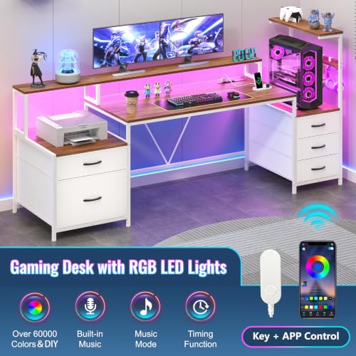 63" Computer Desk with Drawers, Storage Shelves and Printer Stand | Gaming Desk with Monitor Stand and LED Lights, Reversible Home Office Desk with Printer Shelf, Brown and White - color: Brown and White