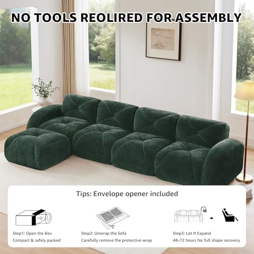 Green Loveseat Sectional Couches for Living Room, Velvet Fabric Boneless Couch, No Assembly Cloud Modular Sectional Sofa Love Seat with 2 Ottoman, Foam Couch Compressed Sofa Set, Sofas para Sala - color: Green, size: 2 Seater + 2 Ottoman