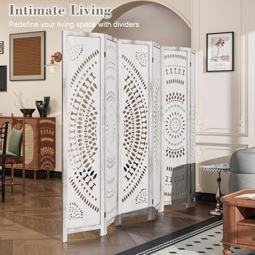 WelFurGeer Handcrafted Carved Wooden Room Divider Screen, Folding Privacy Screen for Room Separation, Decorative Room Dividers, 360° Adjustable Folding Panels for Privacy, Home, Office & Patio - color: White, size: 6 Panels