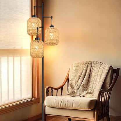 QIYIZM Floor Lamp for Living Room,Bedroom,Boho Rattan Tree 3 Lights Farmhouse Floor Lights,Industrial Black Standing Lamp Wicker Rustic Tall Lamp,Woven Bamboo LampShade Floor Lamps Bohemian - size: Floor Lamp--17
