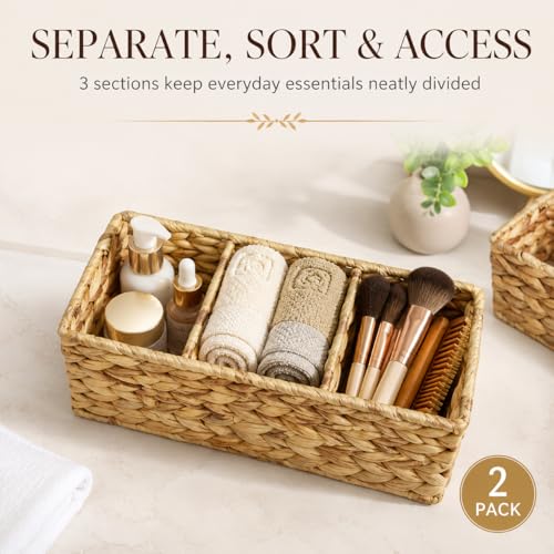 Operitacx Wicker Basket Organizer, 2-Pack with 3 Sections for Countertops | 2 woven-look baskets, three-section layout, for pantry packets, bathroom supplies, desk items and shelf organization needs