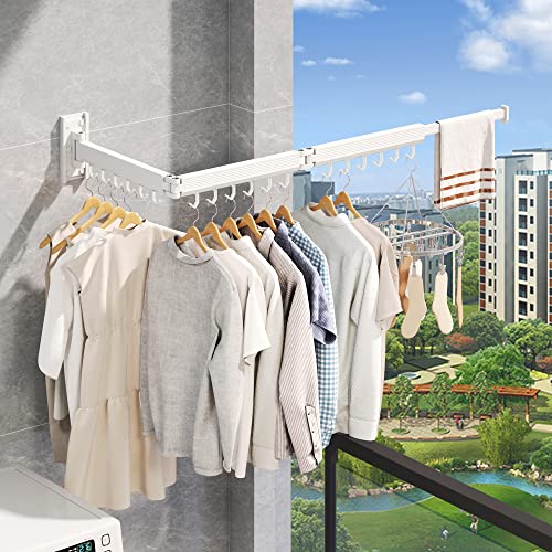 Wall Mounted Tri-Fold Clothes Drying Rack, Heavy Duty Collapsible Laundry Drying Rack, Space-Saving Retractable Foldable Drying Rack Clothes for Laundry Room Balcony Bathroom,White-Hooks - style: White-Hooks