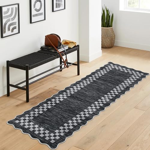 GarveeHome Washable Runner Rug 2x10 Modern Bordered Hallway Runner Rug | Non Slip Kitchen Throw Carpet Checkered Entryway Runner Rugs Low Pile Solid Area Rugs for Living Room Bedroom Nursery, Grey - color: Scalloped Dark Grey, size: 2' x 10' (Runner)
