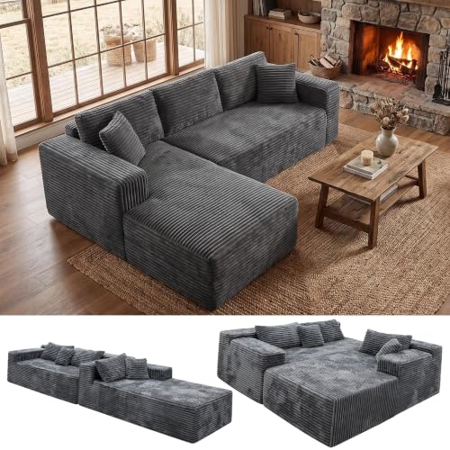 Boneless Couch Modular Sectional Sofa Cloud Couch | Oversized Deep-Seat Wide-Wale Corduroy L-Shaped Sectional Couch for Living Room, Apartment and Family Room - color: Grey 96'' Left Facing Chaise