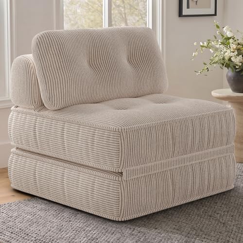3-in-1 Boneless Folding Sofa Bed, Convertible Lazy Floor Couch with Headrest & Lumbar Pillow, Corduroy Fold Out Chair Bed with Memory Foam, No Assembly for Small Space, Living Room, Bed Room, Beige - color: Beige