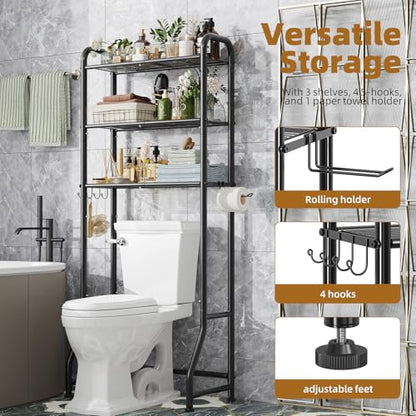 Simple Trending Over The Toilet Storage Rack, Metal 3 Tier Bathroom Organizer Shelf with Paper Holder and 3 Hooks, Freestanding Shelf Space Saver Above Toilet,Black - color: 3-tier Black