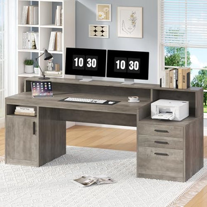 65" Computer Desk with 3 Drawers & Printer Shelf for Home Office | Office Desk with Printer Shelf & File Drawer, Executive Desk Writing Study Table with Monitor Stand, Grey - color: Grey