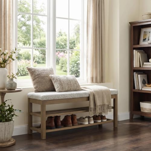 VKNOW 44.3” Entryway Bench, 2-Tier Upholstered Shoe Storage Bench, Beige | Shoe Bench with Rubberwood Legs, Shoe Rack for Entryway, Hallway, End of Bed, Living Room - color: Beige1