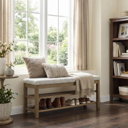 VKNOW 44.3” Entryway Bench, 2-Tier Upholstered Shoe Storage Bench, Beige | Shoe Bench with Rubberwood Legs, Shoe Rack for Entryway, Hallway, End of Bed, Living Room - color: Beige1