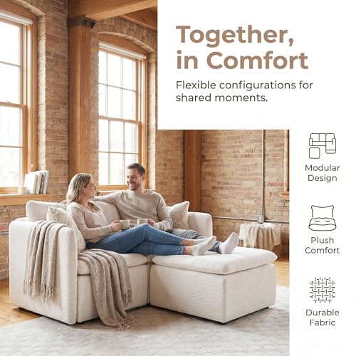 HNY 56.5" Modern Loveseat Sofa, Beige | 2-Seat Button Tufted Love Seat, Deep Seat Chenille Fabric With Pillow, Small Couch for Bedroom, Apartment, Home Furniture - color: Beige, size: 2 Seater-L Shape