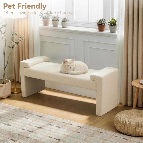 Upholstered Entryway Bench, 43" Modern Bedroom Bench, Camel | Curved Armrests, Solid Wood Frame, End of Bed, Bedroom, Living Room, Hallway - color: Tan-linen, size: 43"
