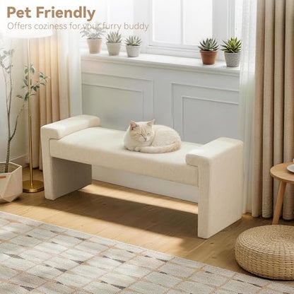 Upholstered Entryway Bench, 43" Modern Bedroom Bench, Camel | Curved Armrests, Solid Wood Frame, End of Bed, Bedroom, Living Room, Hallway - color: Tan-linen, size: 43"