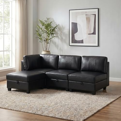 ERYE 93-Inch Oversized L Shaped Sectional Sofa 4 Seat Modular Storage Sofa Couch W/Deep Seat,Pet Friendly Faux Leather Upholstered Convertible Corner Sectional Couch with Ottoman - color: Black 93"