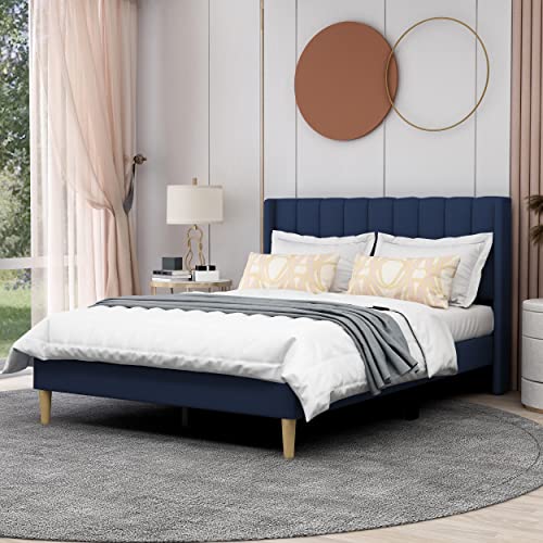 AGARTT Upholstered Platform Bed Frame Full Size, Blue Velvet | Headboard and Footboard/Wooden Slats Support/No Box Spring Needed/Easy Assembly - color: Blue Velvet, size: Full