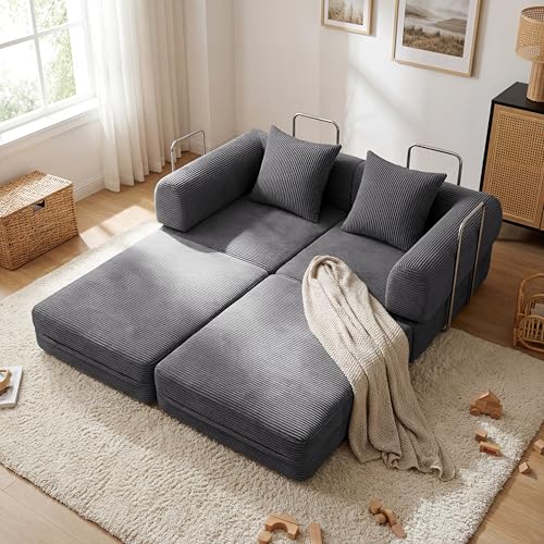 Convertible Compressed Corduroy Folding Cloud Sofa Bed, 59'' Modern Boneless Pull Out Loveseat Sleeper in a Box, 5 in 1 Floor Mattress Futon Fluffy Couch, No Assembly Needed, Dark Grey, Pillow, Queen - color: Gy, size: 59.0''