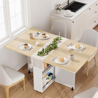 Folding Dining Table with 6 Wheels – Drop Leaf, Drawer & Storage Shelf – Modern Space-Saving Kitchen & Restaurant Furniture for Apartments