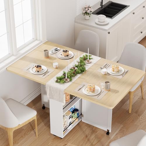 Folding Dining Table with 6 Wheels – Drop Leaf, Drawer & Storage Shelf – Modern Space-Saving Kitchen & Restaurant Furniture for Apartments