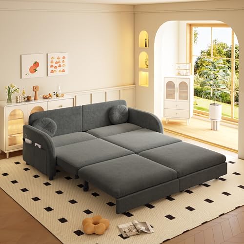 65.4'' Queen Size Sleeper Sofa Bed, 3-in-1 Pull Out Chenille Couch, Grey | Cozy Curved Armrest, Loveseat with USB, 2 Round Pillows, Washable Cover, Pocket, for Living Room, Apartment, Small Spaces, RV - color: Grey, size: 65.4'' Queen