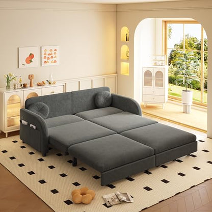 65.4'' Queen Size Sleeper Sofa Bed, 3-in-1 Pull Out Chenille Couch, Grey | Cozy Curved Armrest, Loveseat with USB, 2 Round Pillows, Washable Cover, Pocket, for Living Room, Apartment, Small Spaces, RV - color: Grey, size: 65.4'' Queen