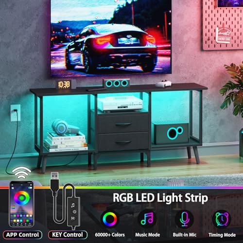 GYIIYUO Small TV Stand with Fabric Drawers/LED Light for 55 inch TV,Black | Entertainment Center with Storage Open Shelves，Media Console Table for living room, bedroom