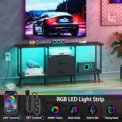 GYIIYUO Small TV Stand with Fabric Drawers/LED Light for 55 inch TV,Black | Entertainment Center with Storage Open Shelves，Media Console Table for living room, bedroom