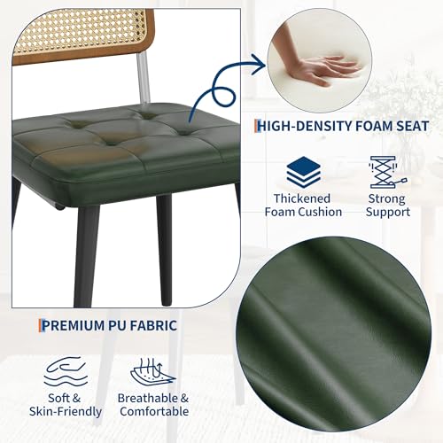 Garvee Rattan Dining Chairs Set of 4, Upholstered Dining Room Chairs with Rattan Backrest, Armless Side Chairs for Kitchen Living Room, Restaurant, PU Leather, Dark Green | Upholstered Kitchen Chairs with Rattan Backrest, Armless Side Chairs for Kitchen,