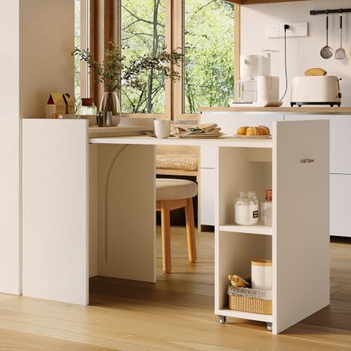 Garvee 50" Folding Dining Table with 10" Storage Cabinet, Extendable Drop Leaf with 2-Tier Shelves and 4 Wheels, Multi-Functional Home Office Desk for Kitchen Room Bedroom, Office, Study