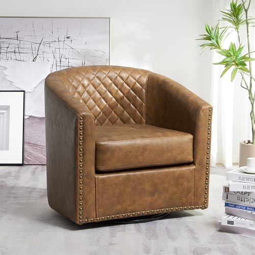 KINWELL 29" W Faux Leather Tufted PU Swivel Barrel Accent Chair, Coffee | No Assembly Vegan Leather Upholstered Swivel Club Chair with Nailhead Trim, Modern Armchair for Small Spaces Apartment - color: Coffee, style: Set of 1