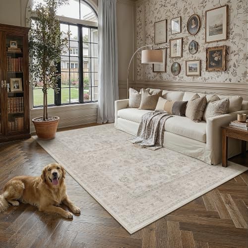 5x7 Grey Washable Area Rug Non Slip Vintage Carpet | Soft Low Pile, Pet Friendly, Foldable, Distressed Floral Design, Living Room Bedroom Dining Room Office - color: Grey, size: 5' x 7' (Rectangular)