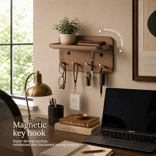 Key Holder Wall Mount, Solid Wood Key Holder for Wall with 4 Brass Hooks & Hidden Magnets, 15° Incline Hooks & Grooved Design to Prevent Slipping, Vintage Brown Key Hanger