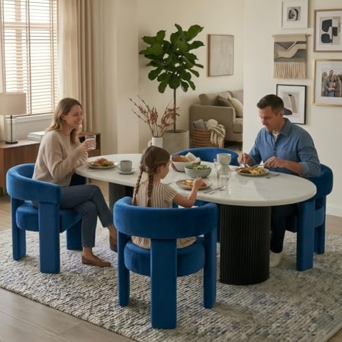 Modern Barrel Dining Chairs Set of 4 Upholstered Accent Kitchen Chair with Arms Comfy Velvet Armchairs for Kitchen Dining Room Living Room, Blue - color: Blue, size: Set of 4