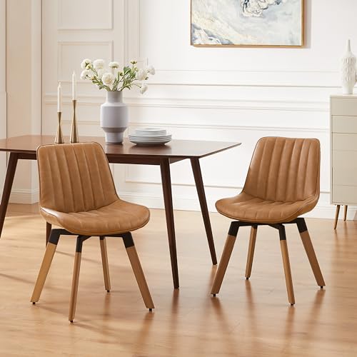 Mid Century Upholstered Swivel PU Dining Chairs Set of 4 Red Brown | 360° swivel curved foam-padded seat armless design dining room chairs accent chairs solid wood legs floor protection pads - color: Red Brown, size: Set of 4-PU