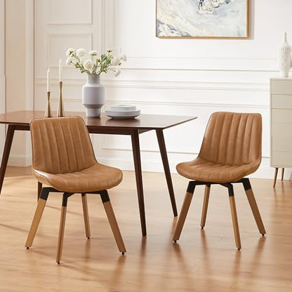 Mid Century Upholstered Swivel PU Dining Chairs Set of 4 Red Brown | 360° swivel curved foam-padded seat armless design dining room chairs accent chairs solid wood legs floor protection pads - color: Red Brown, size: Set of 4-PU