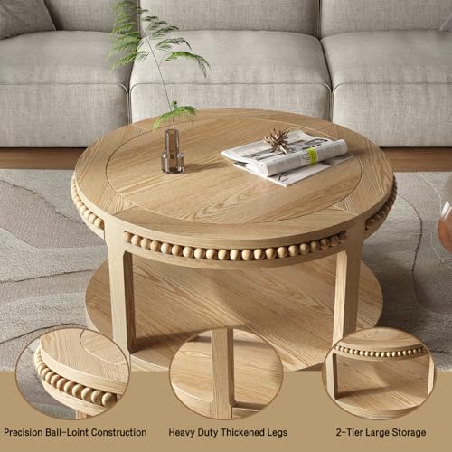 31.5" Round Wood Coffee Table, 2 Tier Modern Center Table,Solid Wood+MDF, Easy Assembly, Accent Table for Living Room, Apartment, Small Space. (Natural Wood) - color: Natural-m