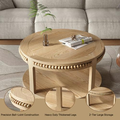 31.5" Round Wood Coffee Table, 2 Tier Modern Center Table,Solid Wood+MDF, Easy Assembly, Accent Table for Living Room, Apartment, Small Space. (Natural Wood) - color: Natural-m