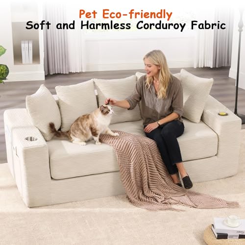 76" Convertible Sofa Bed, Corduroy Boneless Couch with Cup Holders & Pocket | 2-in-1 Sleeper Sofa, Pull-out Couch Bed with 5 Pillows, Living Room, Small Spaces, Bedroom, No Assembly - color: 76" Beige