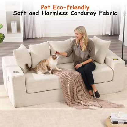 76" Convertible Sofa Bed, Corduroy Boneless Couch with Cup Holders & Pocket | 2-in-1 Sleeper Sofa, Pull-out Couch Bed with 5 Pillows, Living Room, Small Spaces, Bedroom, No Assembly - color: 76" Beige