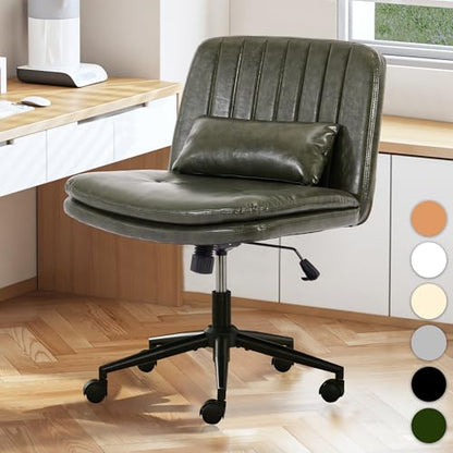 TUNYI Criss Cross Chair with Wheels Armless Wide Cross Legged Office Chair Swivel Height Adjustable Computer Task Vanity Chair with Pillow for Home Office, Dressing Room (Dark Green) - color: Dark Green