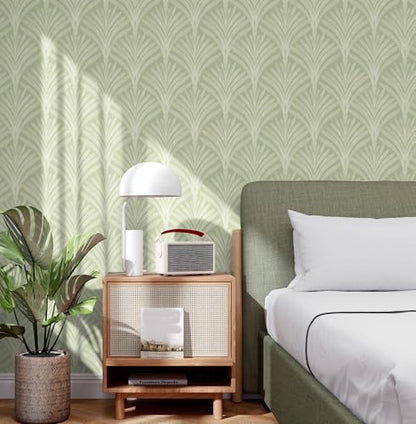 Hopepak Peel and Stick Wallpaper Sage Green Leaf Contact Paper Boho Self Adhesive Wall Paper Removable Renter Friendly Wallpaper for Bedroom Bathroom Cabinet Vinyl Rolls 16.1''x78.7'' - color: Sage Green, size: 16.1" x 78.7"