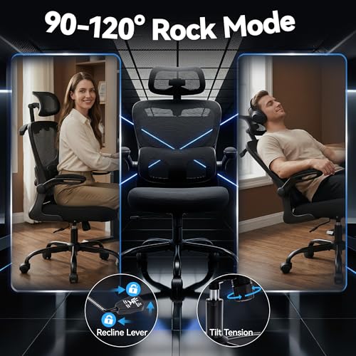 Office Chair-Ergonomic Desk Chair with Hidden Hanger & Flip-Up Arms, High Back Mesh Computer Chair with 2D Headrest & Adjustable Lumbar, Comfy Rolling Task Chair for Home Work Gaming, Black - color: Black