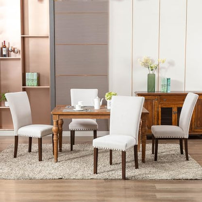 COLAMY Upholstered Dining Chairs Set of 2, Parsons Style Side Chairs with Nailhead Trim and Solid Wood Legs, Comfortable Linen Fabric for Kitchen & Dining Room – Beige - size: set of 2