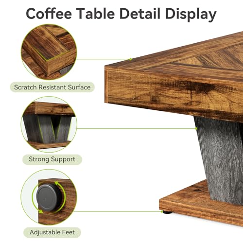 LITTLE TREE Square Coffee Table, Modern Rustic Coffee Table for Living Room, Wooden Table with Adjustable Feet, Brown - color: Brown + Black